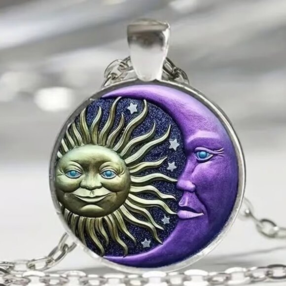 Silver PURPLE SUN MOON Celestial Glass Cabochon Pendant Necklace - Picture 1 of 3